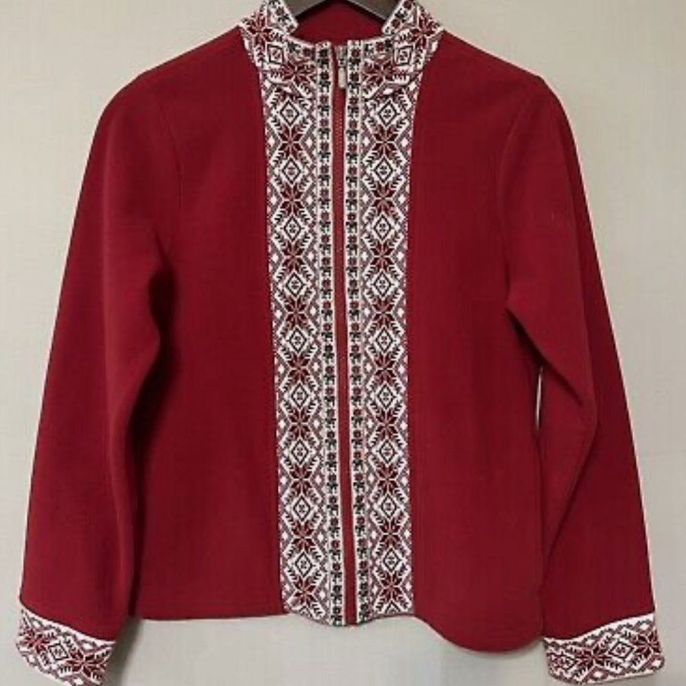 L.L.‎ Bean Vintage Fair Isle Red Folk Snowflake Nordic Fleece Zip Up